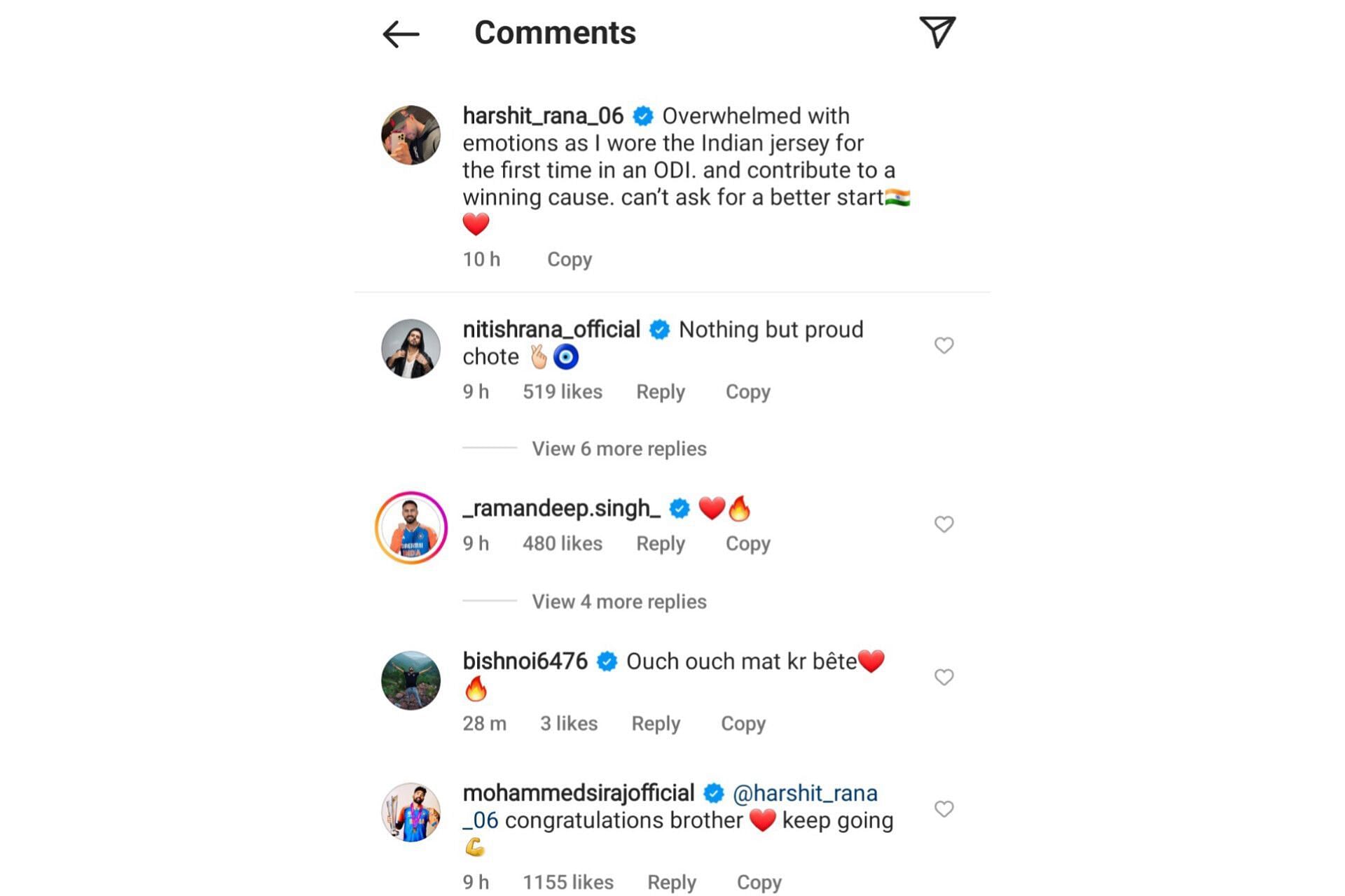 Indian cricketers react to Harshit Rana's social media post (Image via Instagram-@harshit_rana_06)